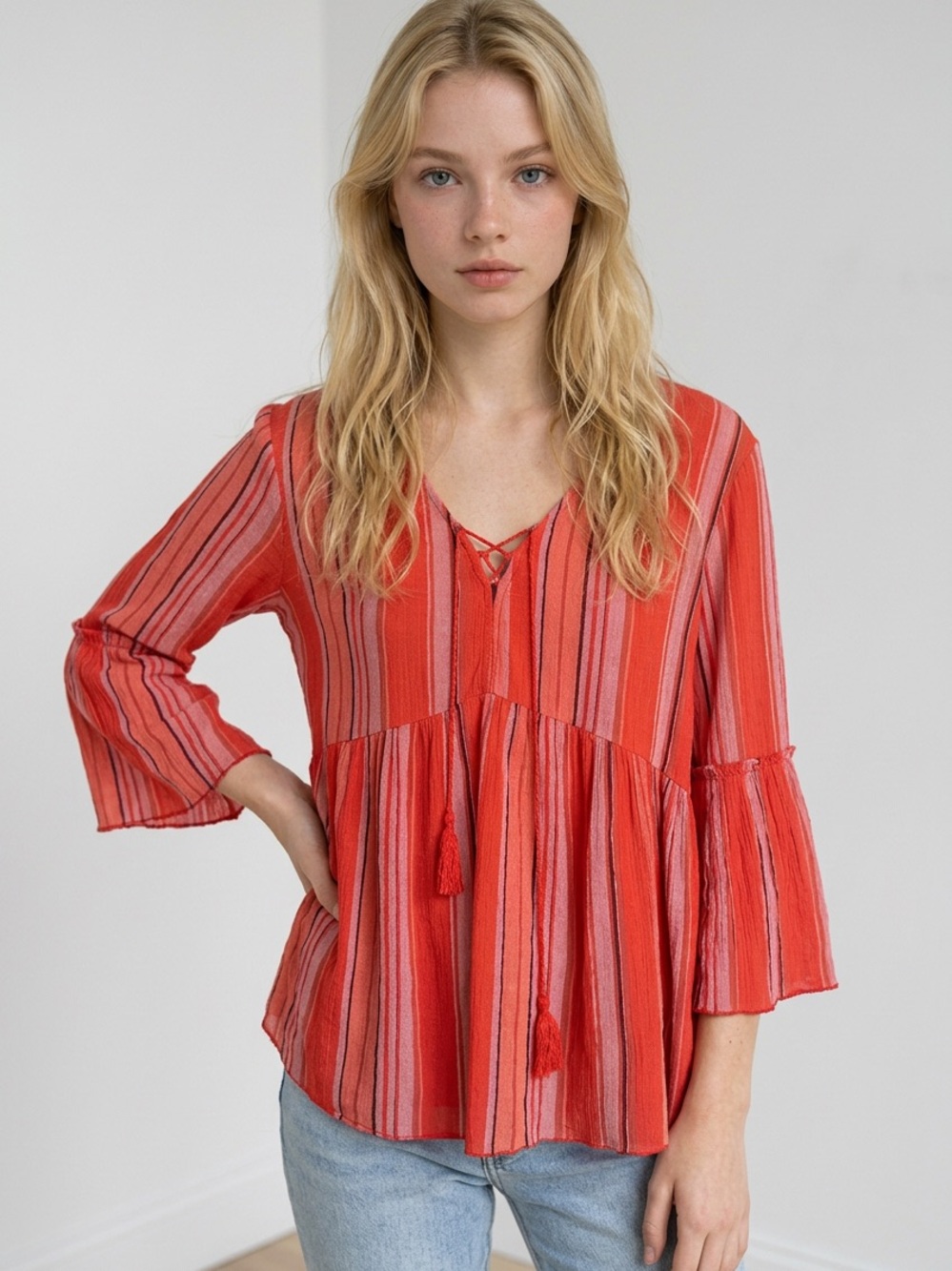 Sanctuary Red and Pink Striped V-Neck Peasant Tunic